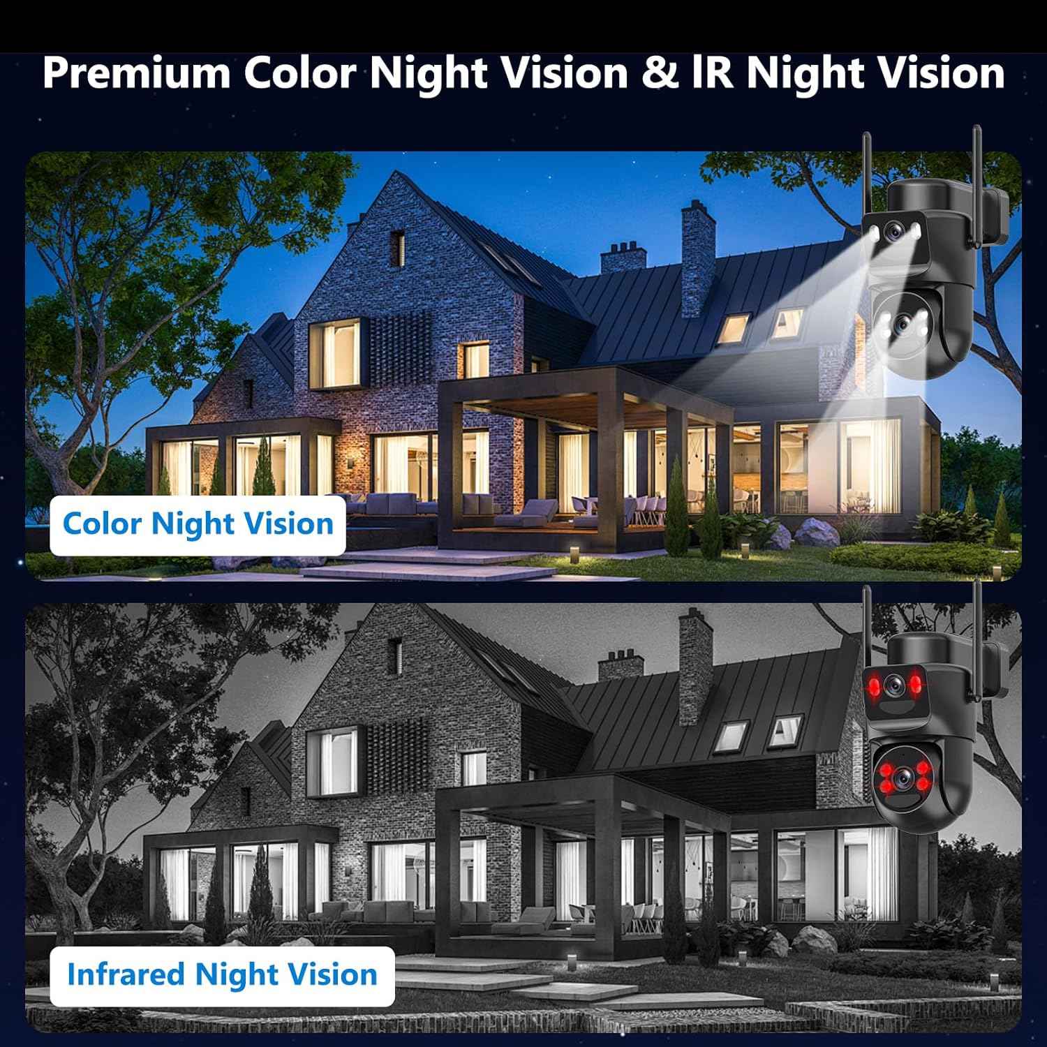 4K Wireless Solar Security Camera - Dual Lens Bullet & 360° PTZ, Color Night Vision, Battery Powered