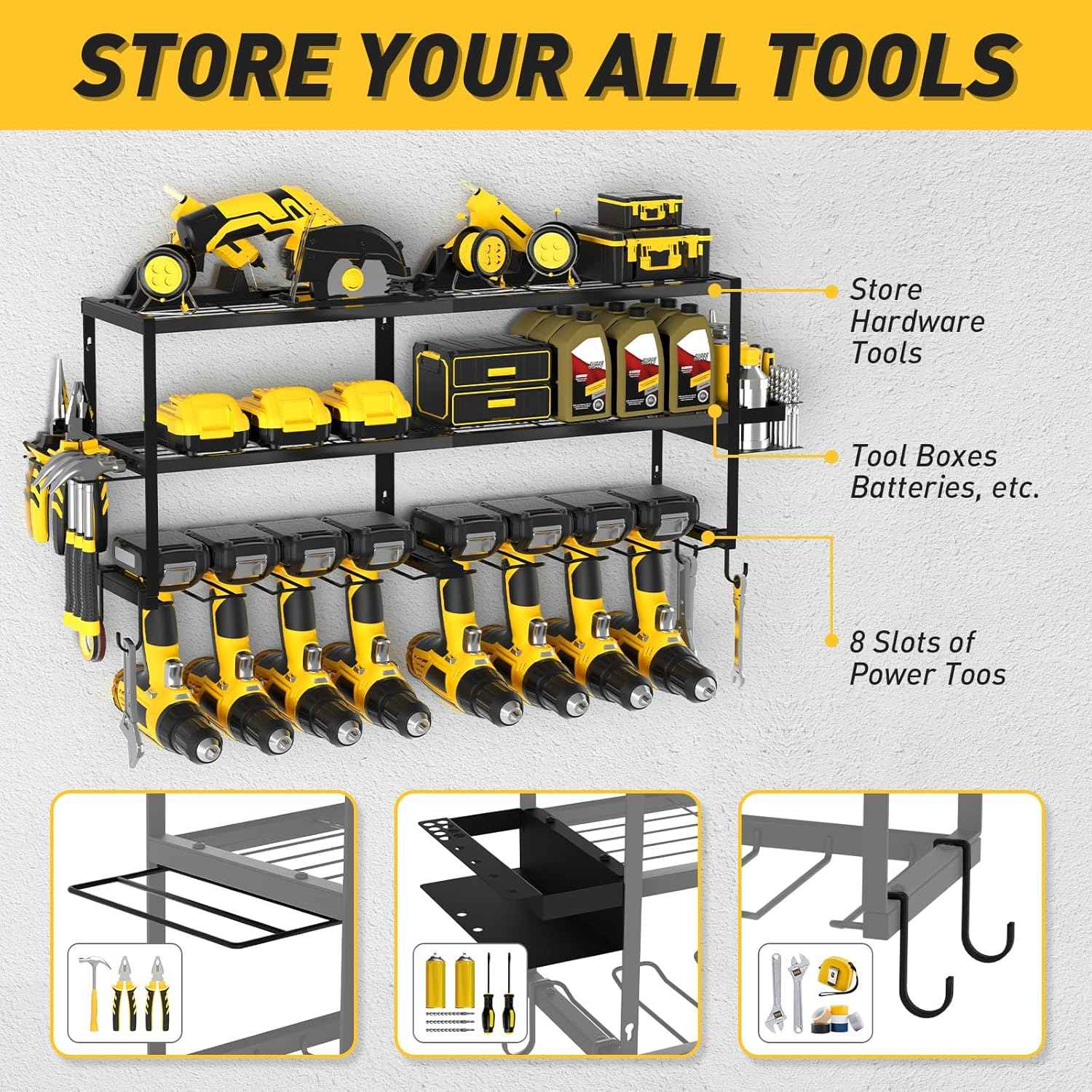 Heavy-Duty Wall-Mount Power Tool Organizer - 3 Extra Large Layers, 300lbs Capacity, 8 Cordless Drill Holders for Garage & Workshop
