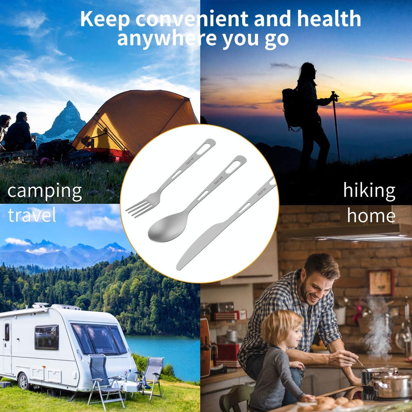 OUTXE Titanium Flatware Set - Lightweight Camping Cutlery with Carrying Bag for Travel & Picnics