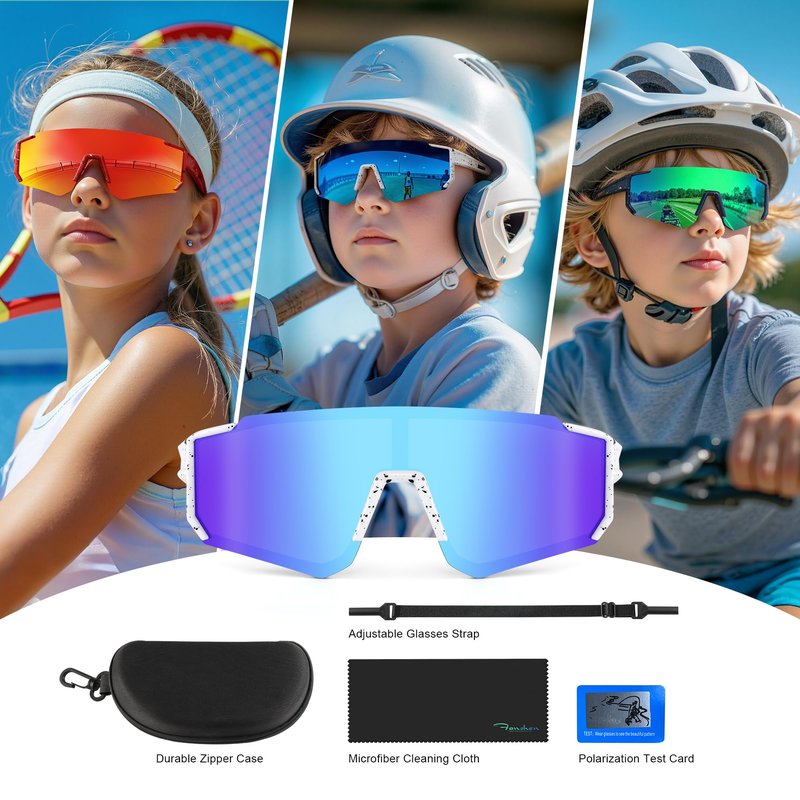 Fanshen Kids Baseball Sunglasses for Boys Girls Ages 3-12, Sports Polarized Youth Baseball Softball Sunglasses UV Protection(Black/Black)