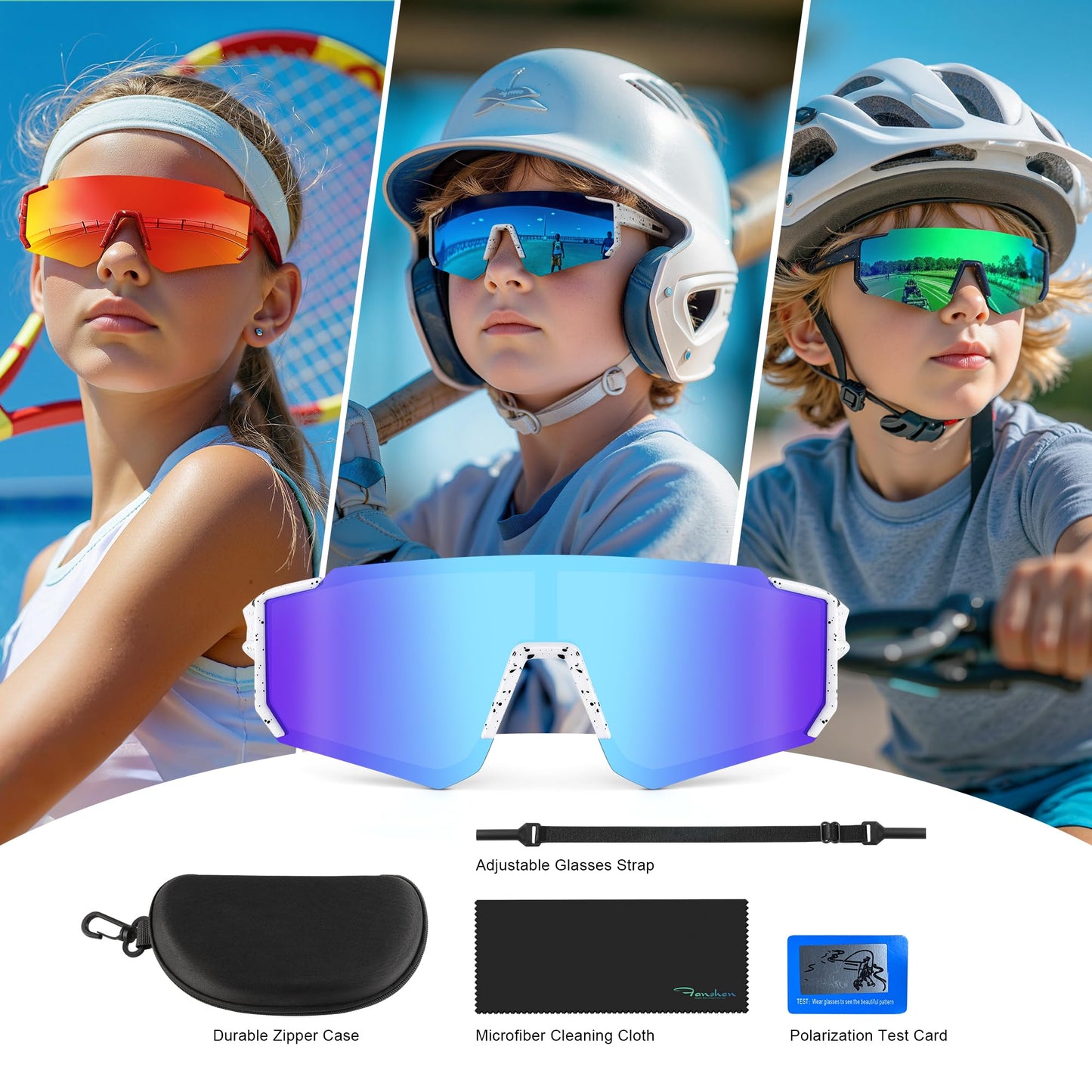 Fanshen Kids Baseball Sunglasses for Boys Girls Ages 3-12, Sports Polarized Youth Baseball Softball Sunglasses UV Protection (Bright Black/Deep Blue)