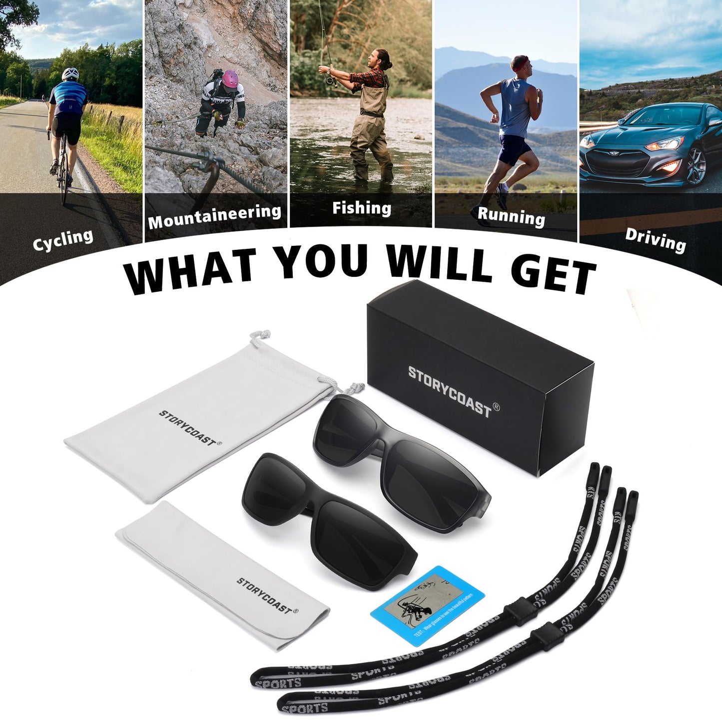 STORYCOAST Polarized Sports Sunglasses for Men Women Unbreakable Frame Cycling Fishing Driving 2Pack Black+Clear Gray Frame/Gray Lens
