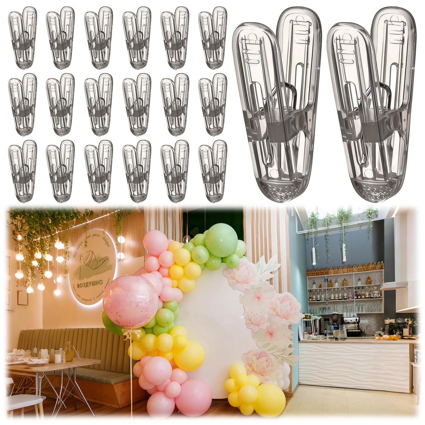 LemonRoad 20 Pack Balloon Arch Clips Plastic Spring Clamps 2.4 Inch Heavy Duty Clip for Balloon Arch Kit Birthday Decoration Crafts Backdrop Woodworking Photography Studios (Translucent Black)