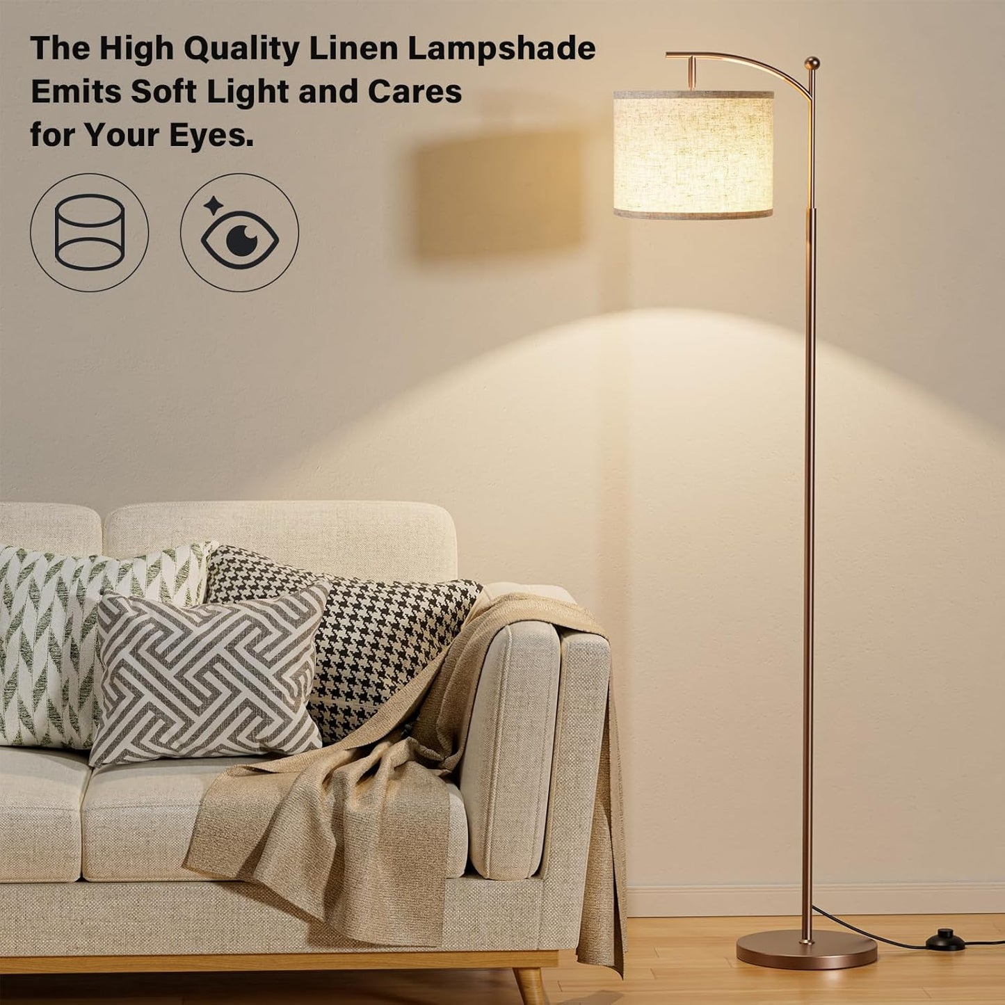 Modern 60" Floor Lamp with Remote Control & Dimmable LED Bulb - Beige Shade, Adjustable Brightness for Living Room