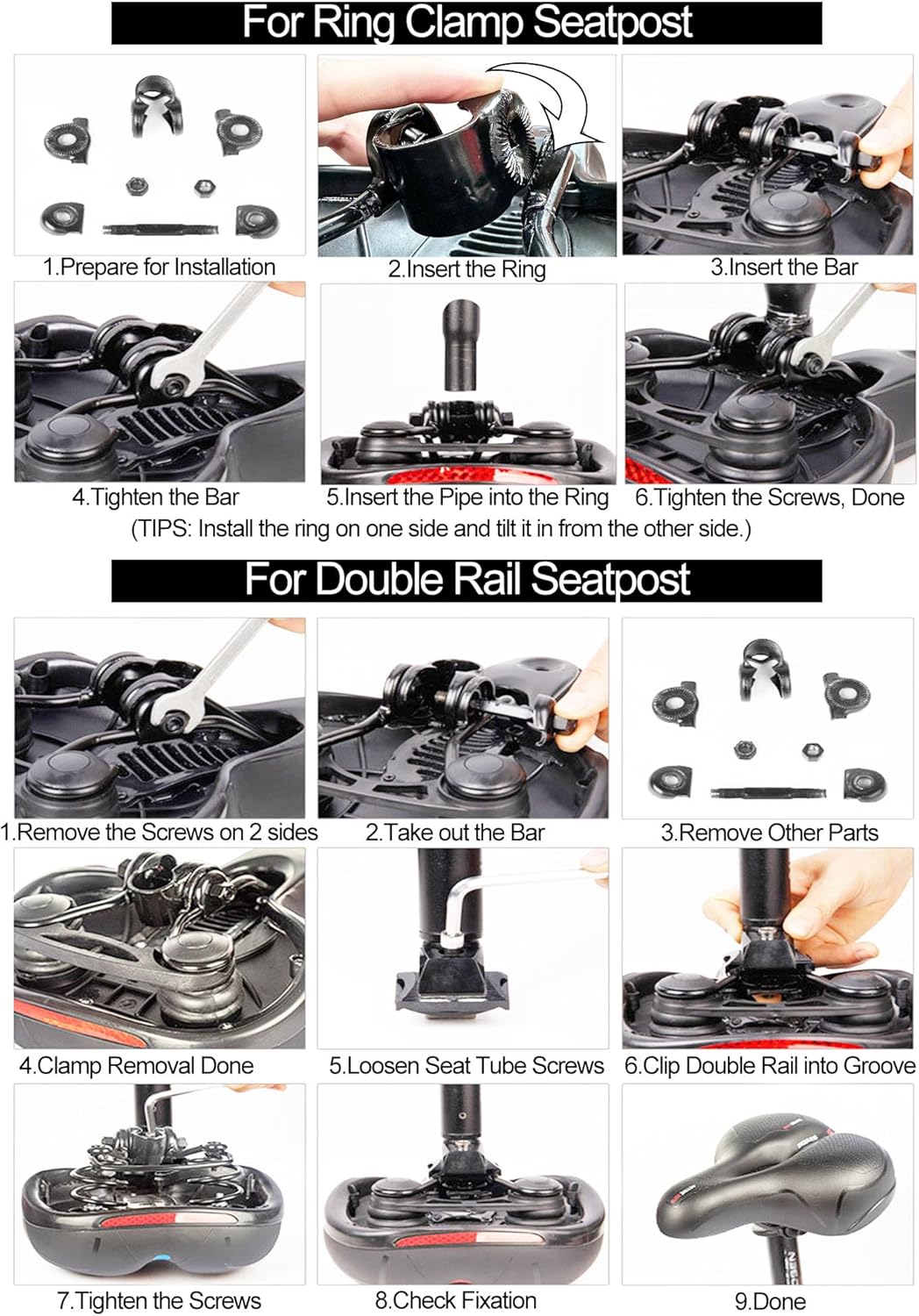 TOPCABIN Comfort Bike Saddle - Waterproof Wide Replacement Seat with Dual Shock Absorption & Memory Foam