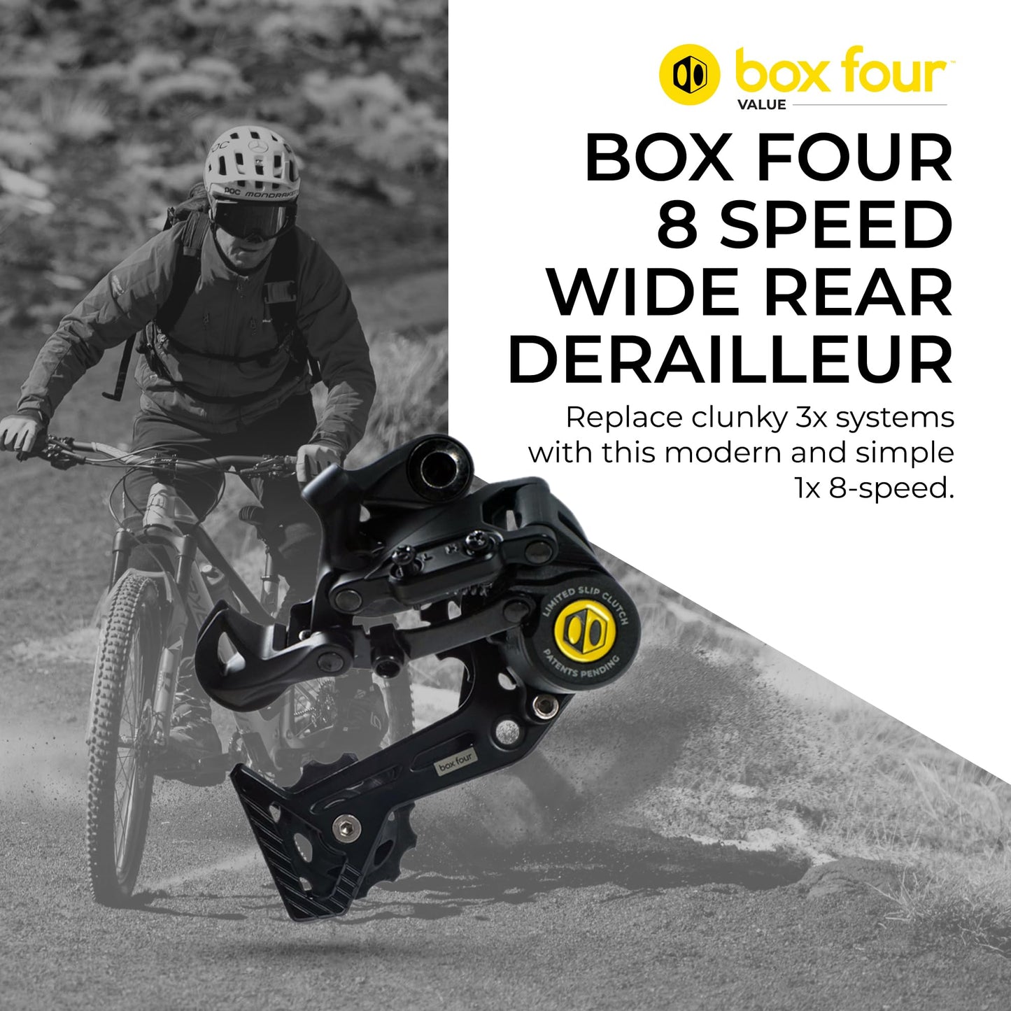 Box Four 8 Speed X-Wide Rear Derailleur Bicycles MTB Hanger Non-Direct Mount for Mountain Bike, Cycling Finished Matte Onyx Sealed Bearing Pulleys | Black