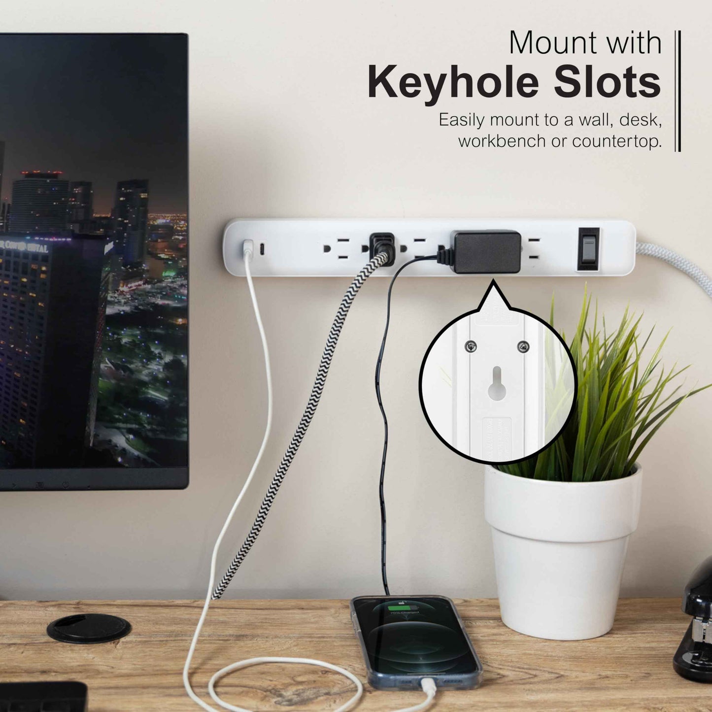 GE 6-Outlet Power Strip with USB, 1 USB-A & 1 USB-C, Outlet Extender, 6 Ft Braided Extension Cord, Flat Plug, Charging Station, White, 82594