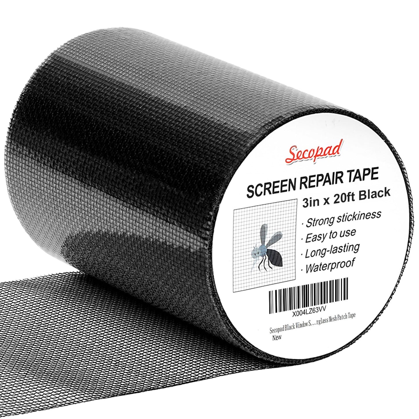 Secopad Black Window Screen Repair Tape, 3IN x 20FT (240IN) Screen Repair Kit for Windows or Doors, Strong Adhesive Fiberglass Mesh Patch Tape