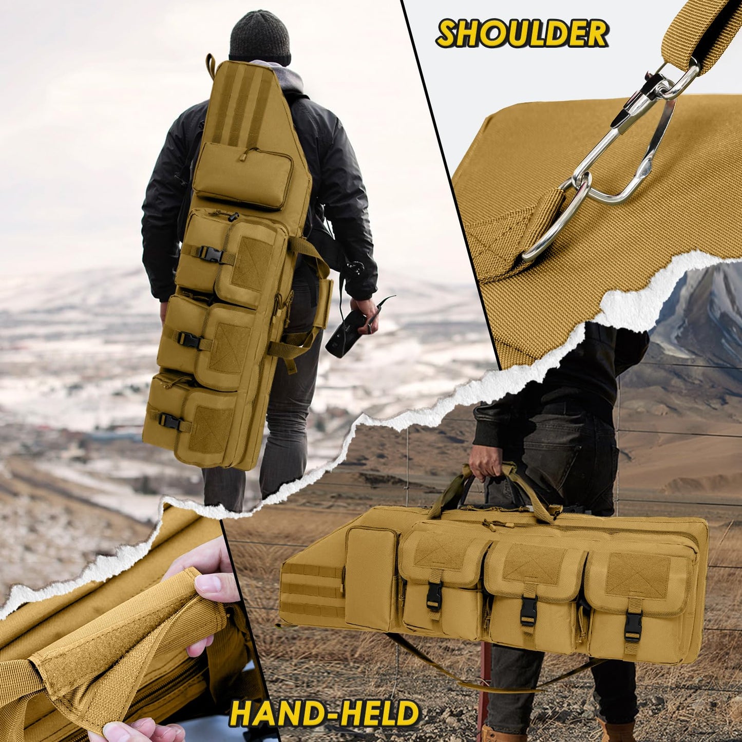 DULCE DOM Double Rifle Case 36'' Soft Gun Bag Tactical Backpack with Movable Divider for Hunting Shooting Range, MOLLE System Multiple Magazine Pouches & Accessory Bags (KHAKI)