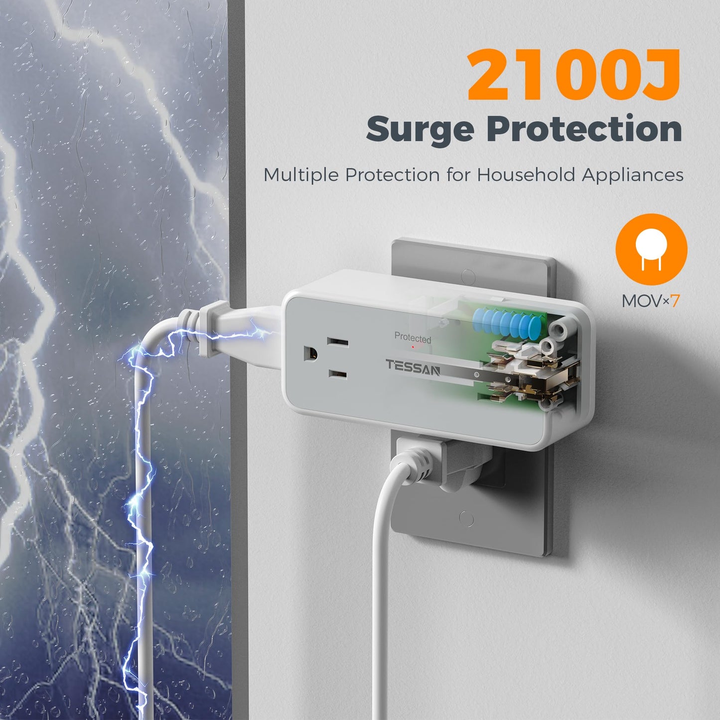 Surge Protector Outlet Extender, TESSAN 2100J Multi Plug Splitter with 4 Electrical Outlets, 3 Side Multiple Wall Plug Expander for Home Office Kitchen Dorm Room Essentials