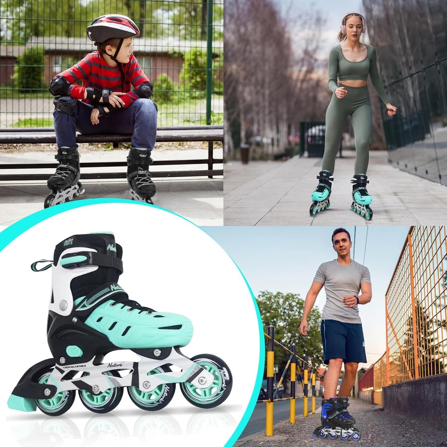 Teal Inline Skates for Youth Girls Women, 4 Sizes Adjustable Blades Roller Skates with Ankle Support, Adjustable Strap, 84mm Wheels and Soft Boot Fit for Skating, Roller Derby, Street Hockey