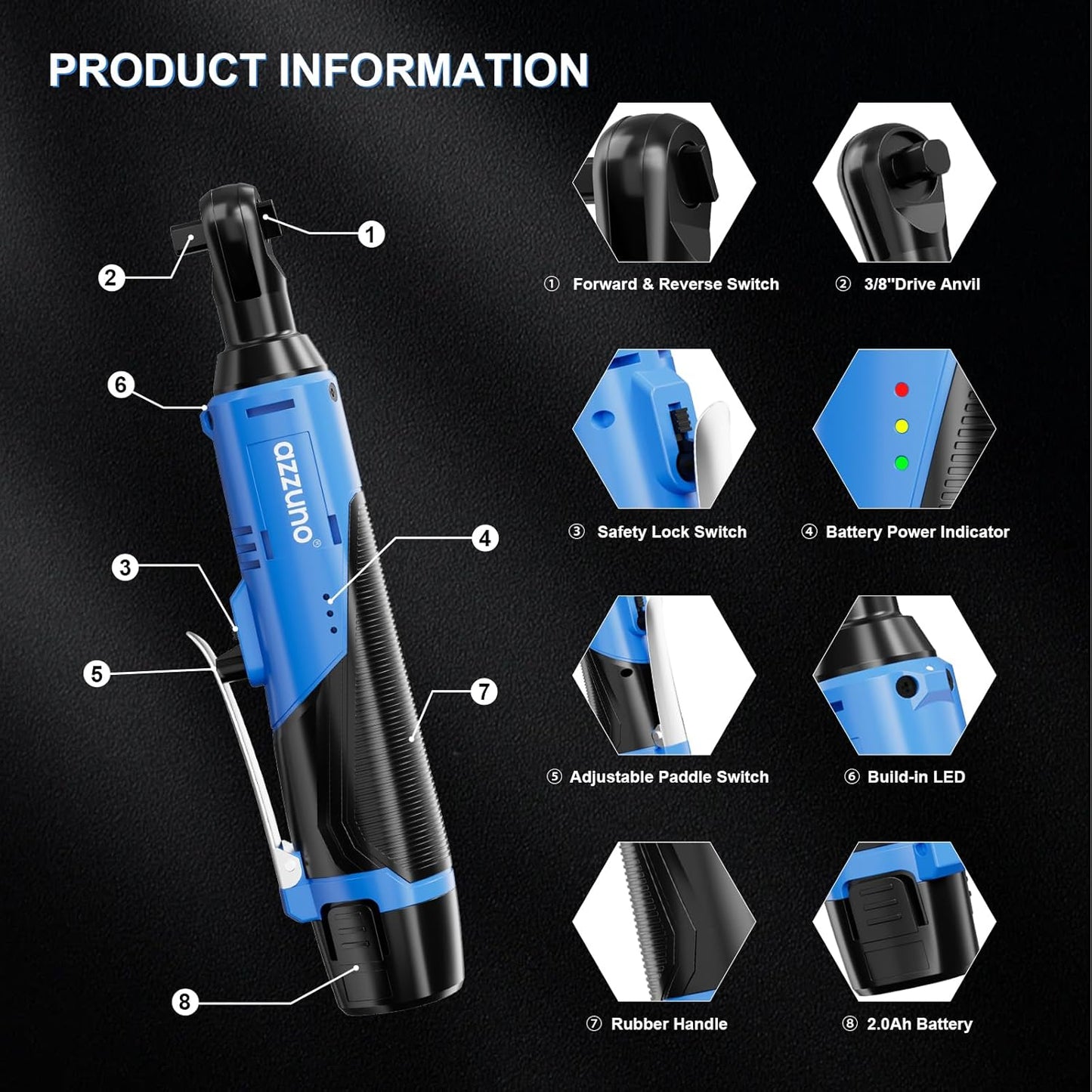 AZZUNO Cordless Electric Ratchet Wrench Set - 30 Ft-lbs, 300 RPM, 2 Batteries & 7 Sockets