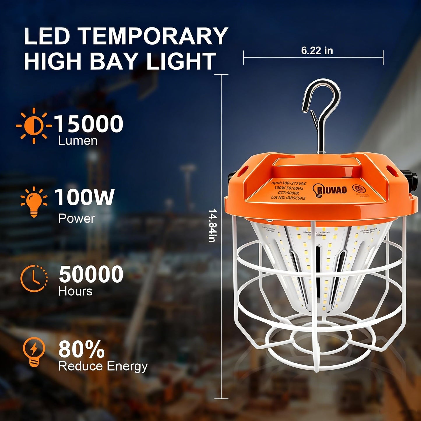LED Temporary Work Light 100W, 15000Lm, 5000K Daylight White, Portable, Connectable LED Worksite Light with Hook, IP65 Dustproof and Waterproof, Suitable for Wet Locations and Construction Sites