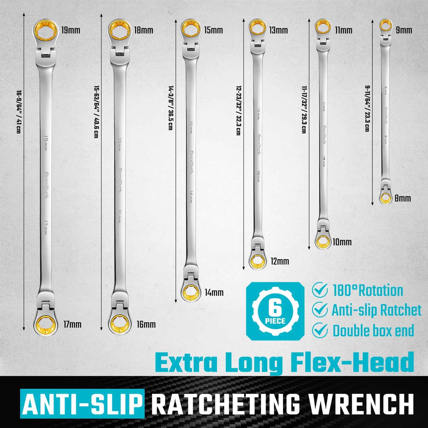DURATECH Extra Long Anti-Slip Flex-Head Ratcheting Wrench Set, Double Box End Wrench Set, 6-Piece, Metric 8-19 mm, CR-V Steel, with Pouch