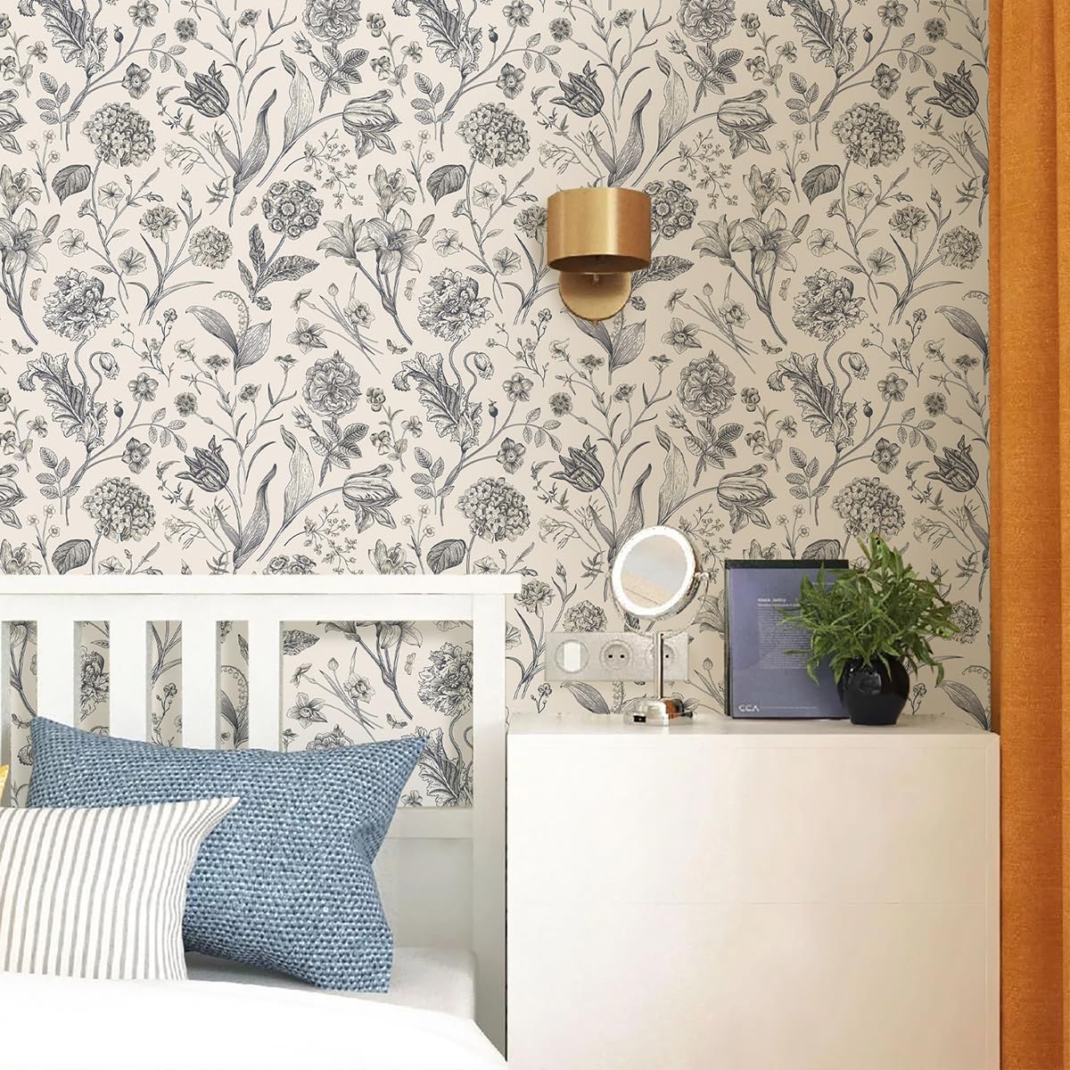 lenify Black and Beige Peel and Stick Wallpaper Botanical Contact Paper 16.9inch x 118.1inch Floral Wall Paper Peel and Stick for Bathroom Bedroom Removable Self Adhesive Wallpaper Decor Vinyl