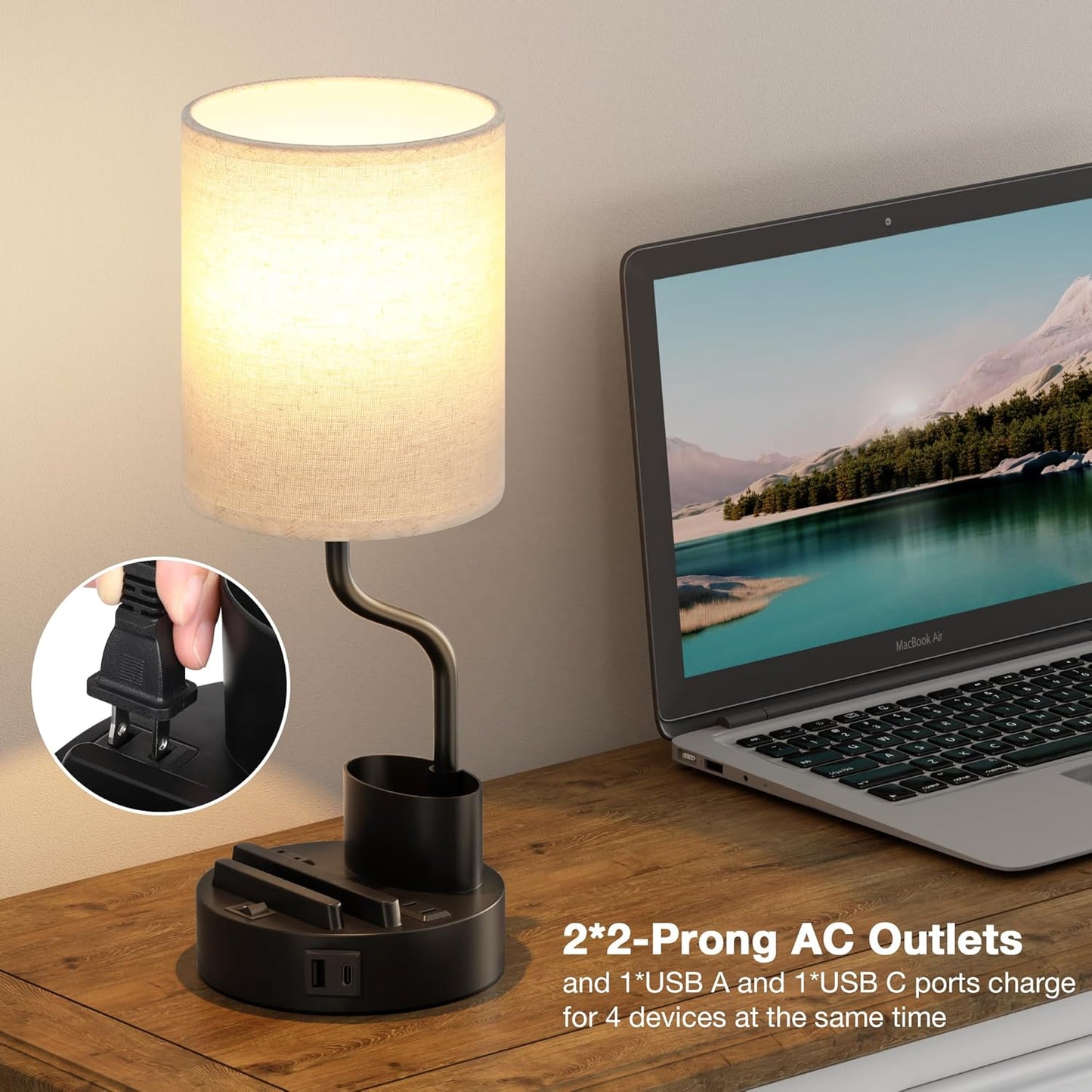 Set of 2 Bedside Table Lamps with USB & AC Outlet - 3 Color Temperatures, Desk Light & Phone Stand for Bedroom, Living Room, Office