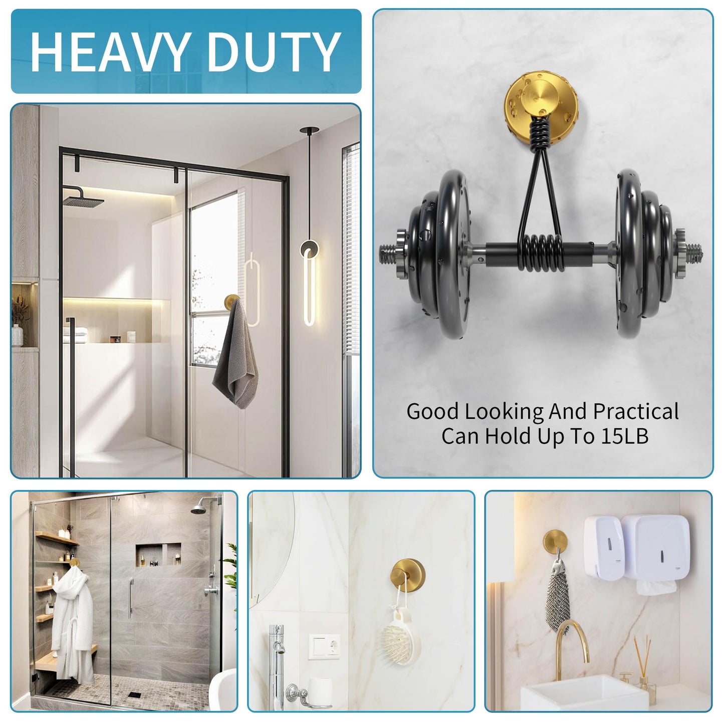 Deluwire Suction Cup Hooks for Shower,3 Packs Towel Holder,Removable Shower Towel Suction Hooks for Bathroom Wall,Kitchen,Glass,Mirror,Tile to Hang Robes,Loofah-Gold No Rough or Dirty Surfaces