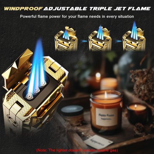 Triple Torch Lighter 5-in-1 with Cutter, Punch, Holder, Draw Enhancer Tool, Windproof Jet Flames, Gifts for Men, Multi-Functional Accessories, Butane Refillable All-in-1 Lighter for Travel, Outdoors