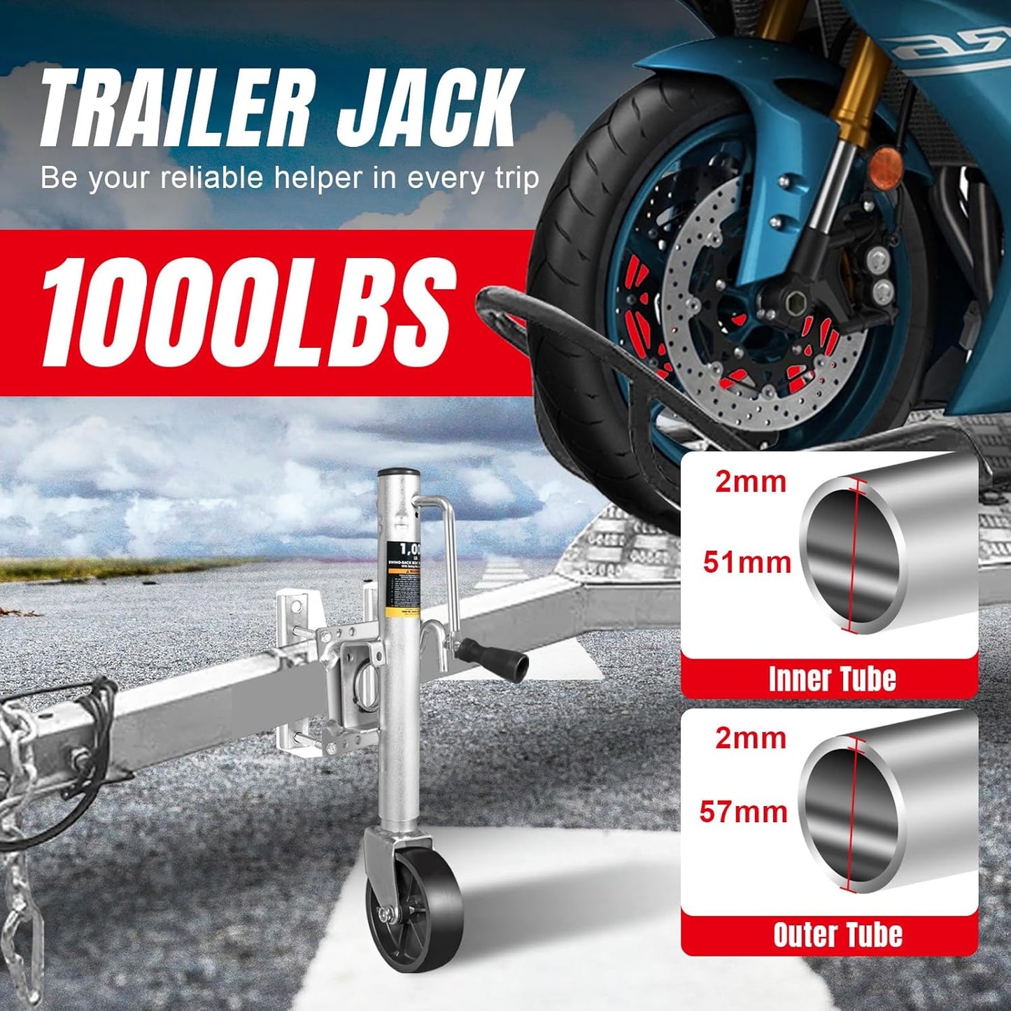 Road DAWG Boat Trailer Jack - Heavy Duty 1000 Lbs Capacity with 6-Inch Single Wheel & Swing-Back Design