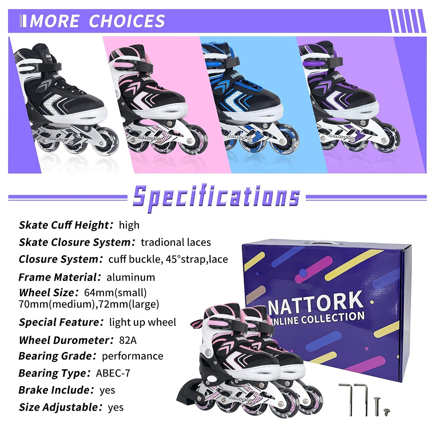 Nattork Adjustable Inline Skates for Kids,Boys Girls Roller Skates with Light up Wheels