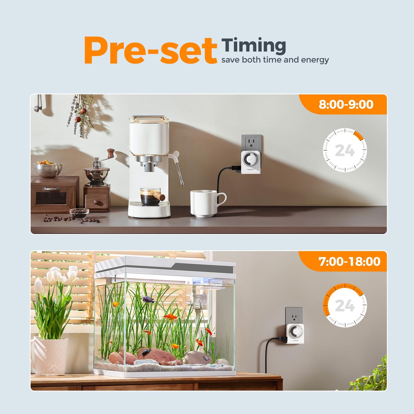 TESSAN Outlet Timer, Mechanical 24-Hour Light Timers for Electrical Outlets Indoor, Dual 3-Prong Sockets 30-Minute Intervals, for Lamps, Christmas Lights, Fans (1 Pack)