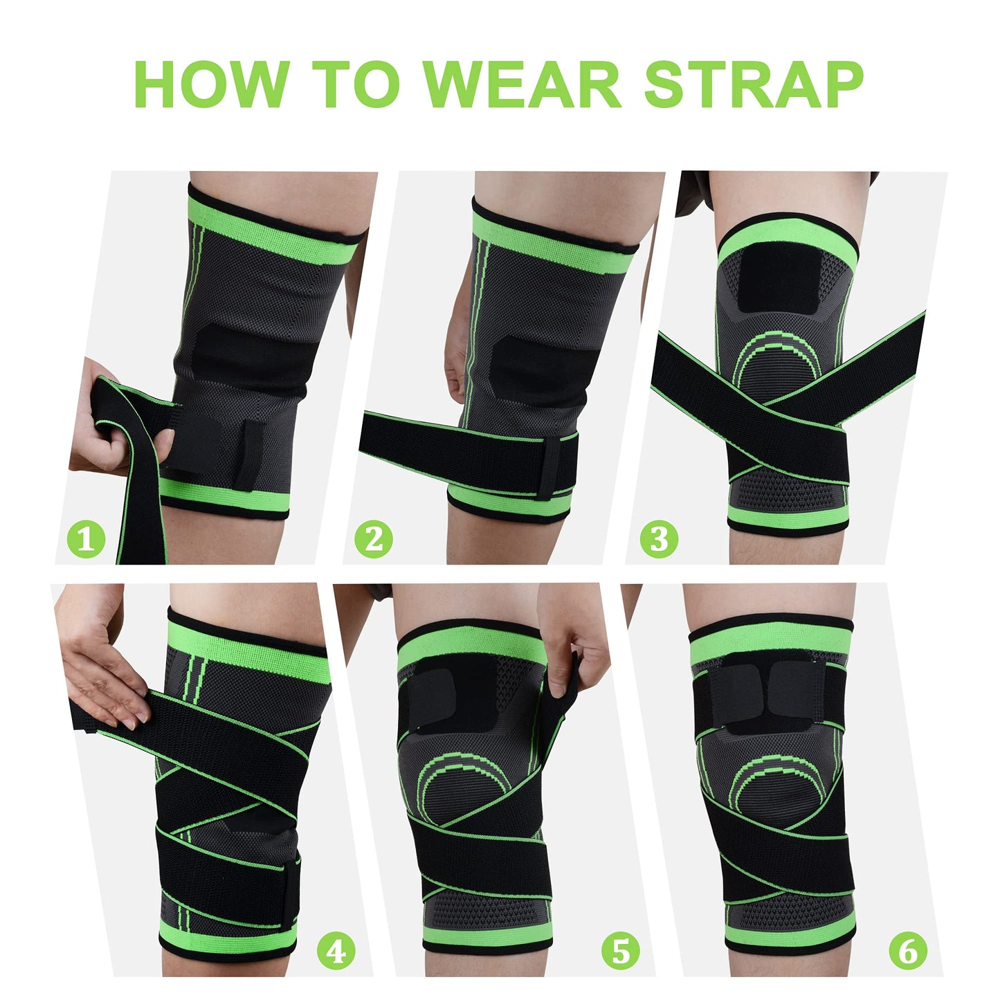 ZJMQJ Knee Brace with Straps for Women/Men, Knee Compression Sleeve for Knee Pain, Arthritis, ACL, PCL, Meniscus Tear, Joint Pain Relief. Knee Support for Running, Workout, 1 pcs (Green, L/XL)