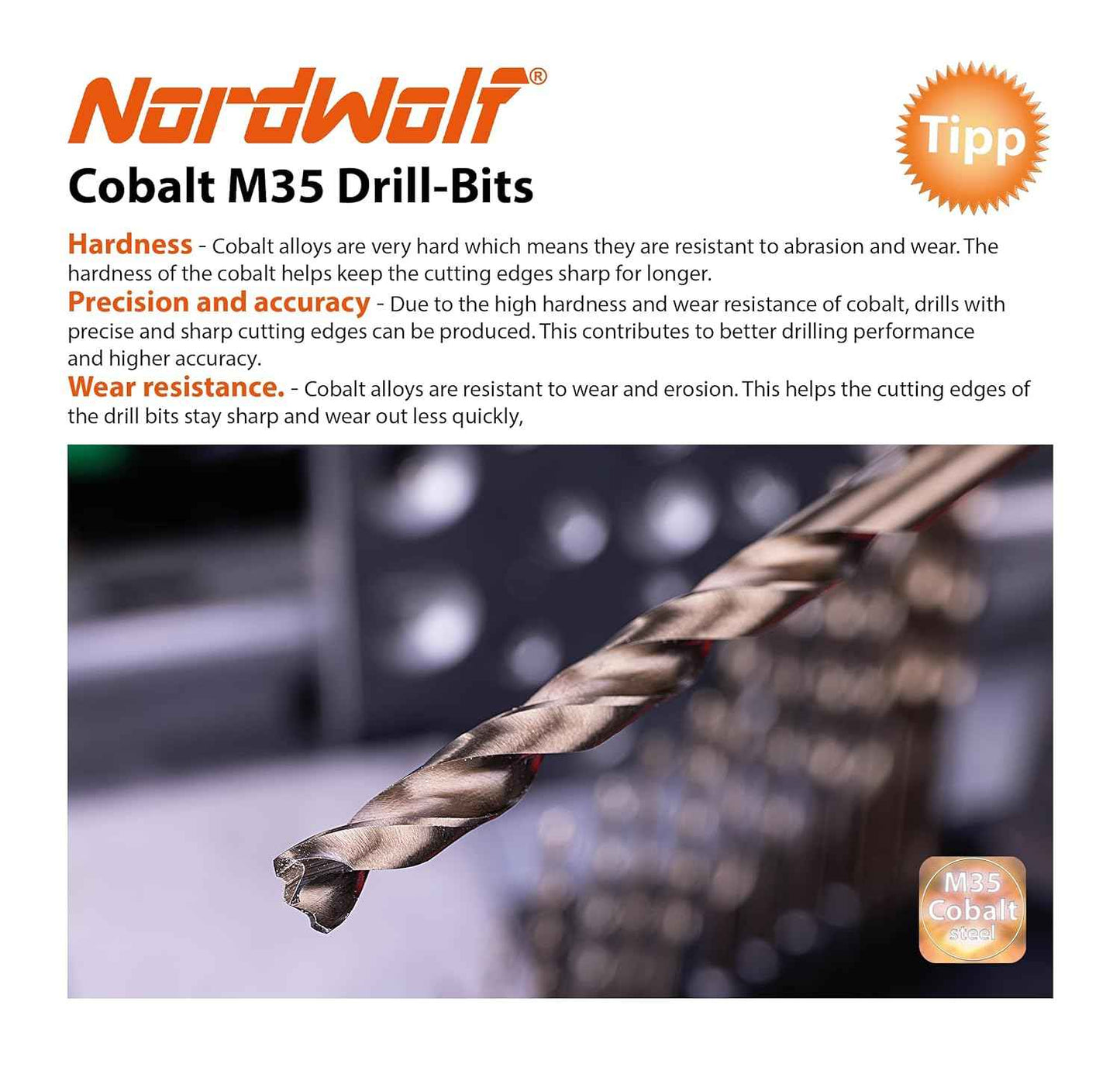 21-Piece Cobalt Drill Bit Set for Stainless Steel & Hard Metals - Jobber Length, 1/4" Hex Shank, SAE Sizes in Storage Case
