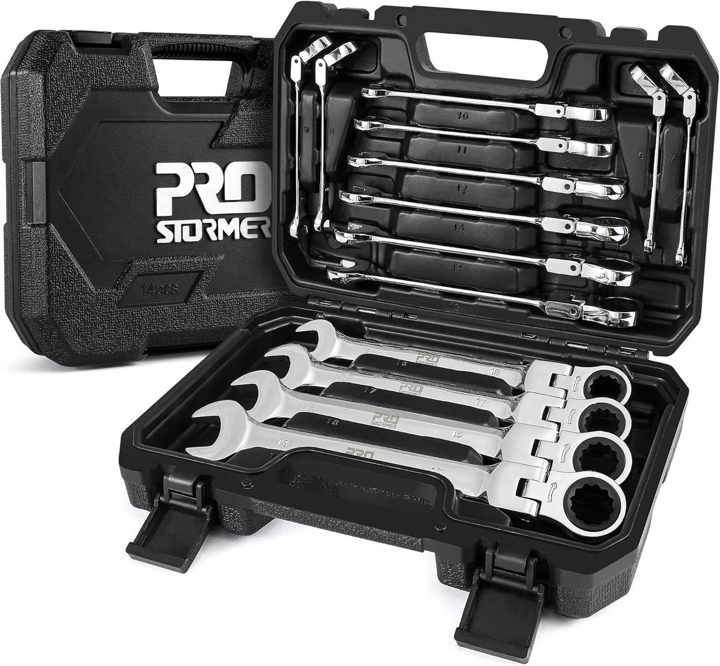 14-Piece Metric Ratcheting Wrench Set - Flex-Head, 72 Tooth, Cr-V Steel with Storage Case (6-19mm)
