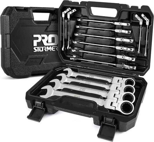 14-Piece Metric Ratcheting Wrench Set - Flex-Head, 72 Tooth, Cr-V Steel with Storage Case (6-19mm)