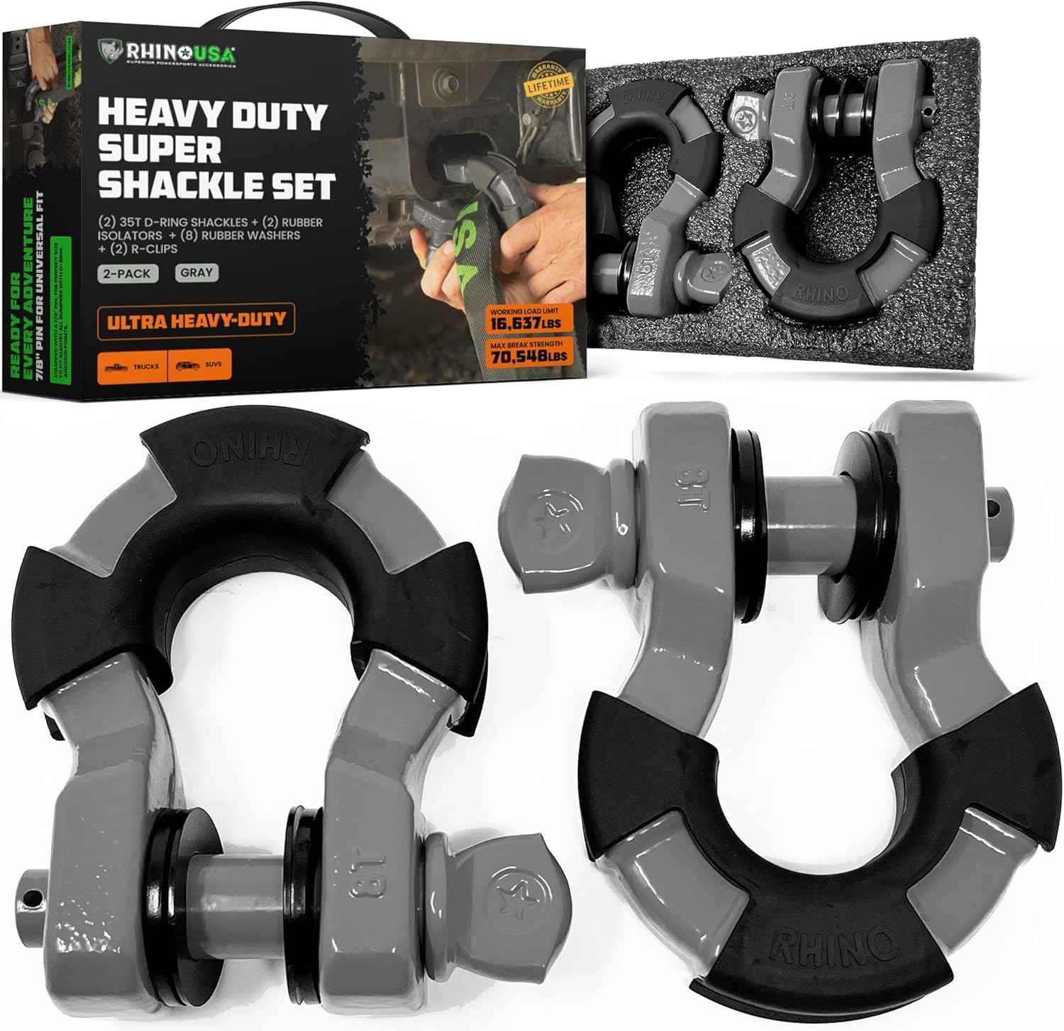 Heavy-Duty Rhino USA Super D Ring Shackles 2-Pack - 70,548lb Break Strength for Towing & Off-Road Recovery (Red)
