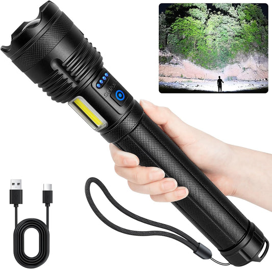 90000 Lumen Rechargeable LED Flashlight - 10000mAh Battery, 7 Modes, IPX7 Waterproof for Camping & Home