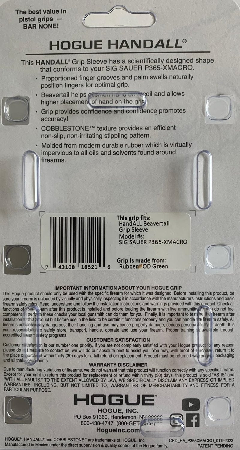 Hogue HandAll Beavertail Rubber Grip Sleeve for SIG Sauer P365-XMACRO, OD Green - 18521