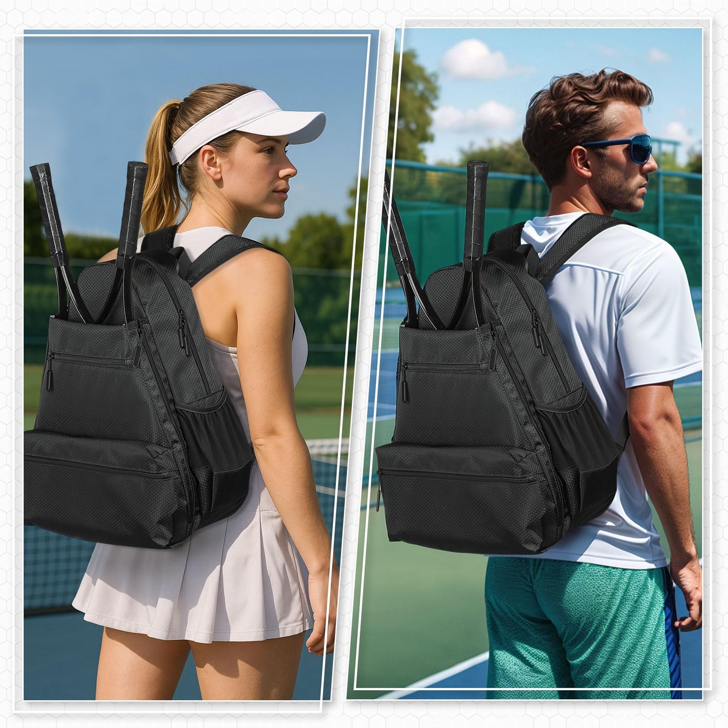 SUIKIHUM Tennis Backpack for 2 Rackets, Waterproof Tennis Bag with Shoe Compartment, Wet/Dry Pocket, Fence Hook, for Tennis, Pickleball, Badminton, Black