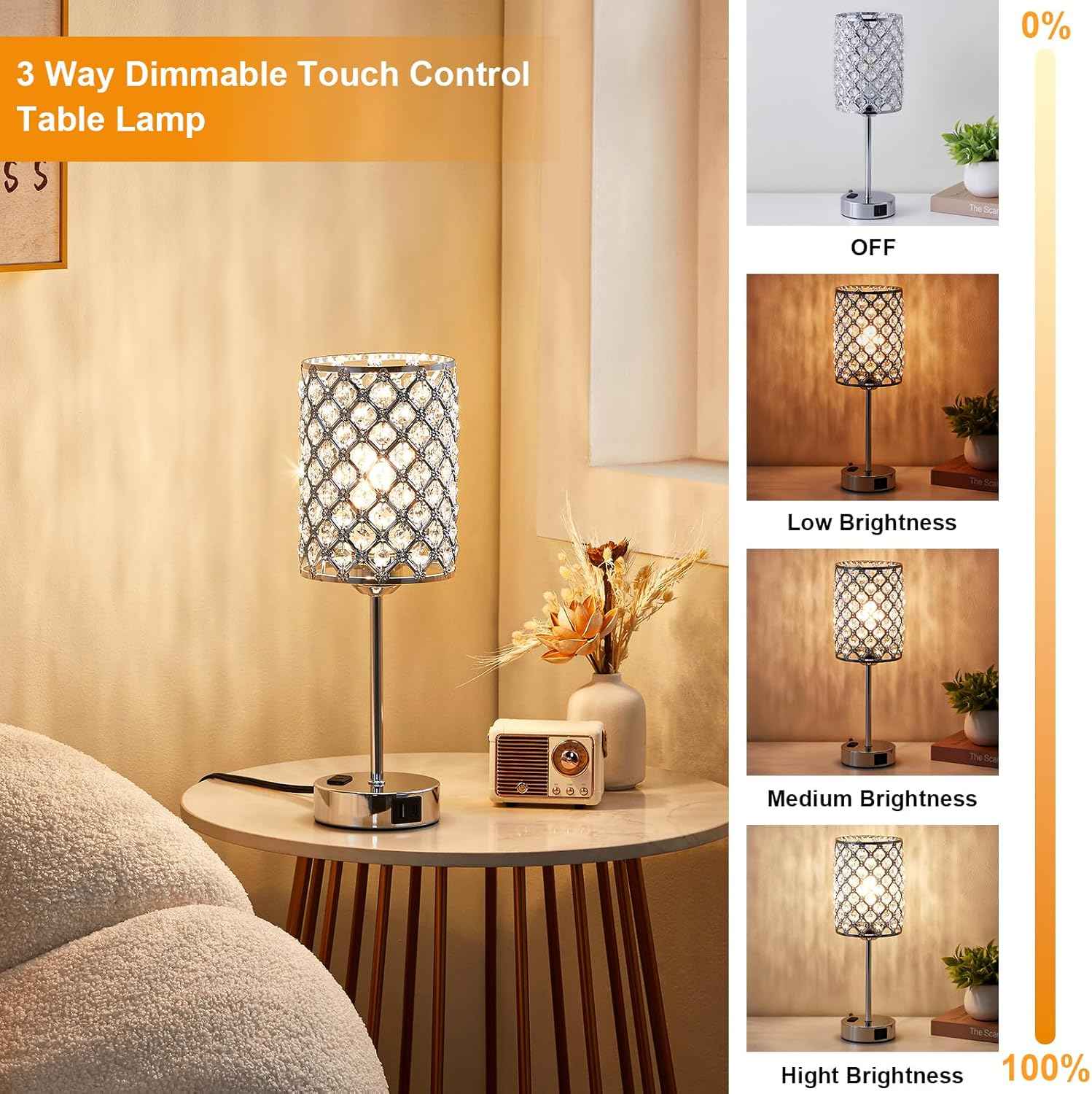 Dimmable Touch Control Crystal Table Lamp Set of 2 with USB-C & AC Ports - Elegant Nightstand Lighting for Bedroom & Living Room