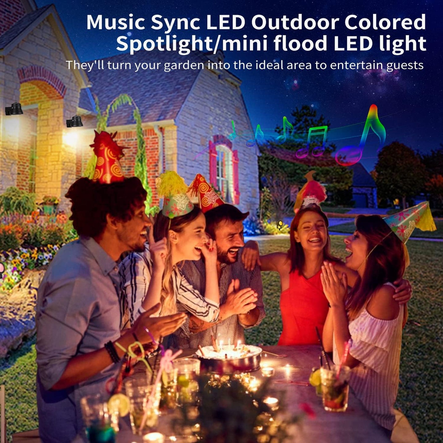 15W Smart Outdoor Colored Spotlights - APP Control, Waterproof Dimmable Garden Lights with Timer & Music Sync