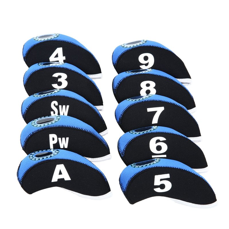 10pcs/Set Golf Iron Club Head Covers with Numbers Neoprene Top Window Iron Covers(Blue&Black)