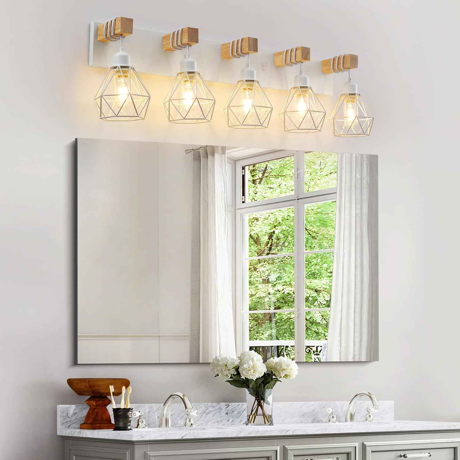 Farmhouse 3-Light Bathroom Vanity Light Fixture - Rustic White Wood Sconces for Mirror