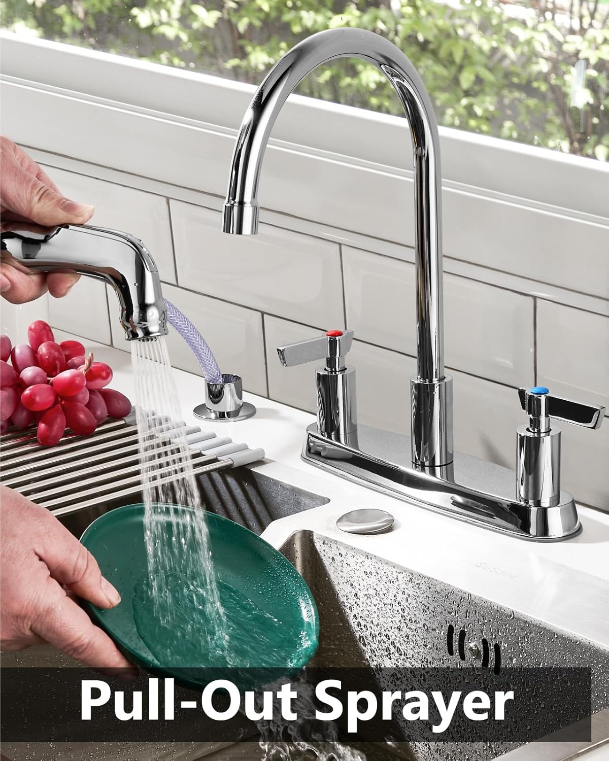 Brushed Nickel Kitchen Faucet with Sprayer - 2 Handle 8-Inch Centerset 3 Hole