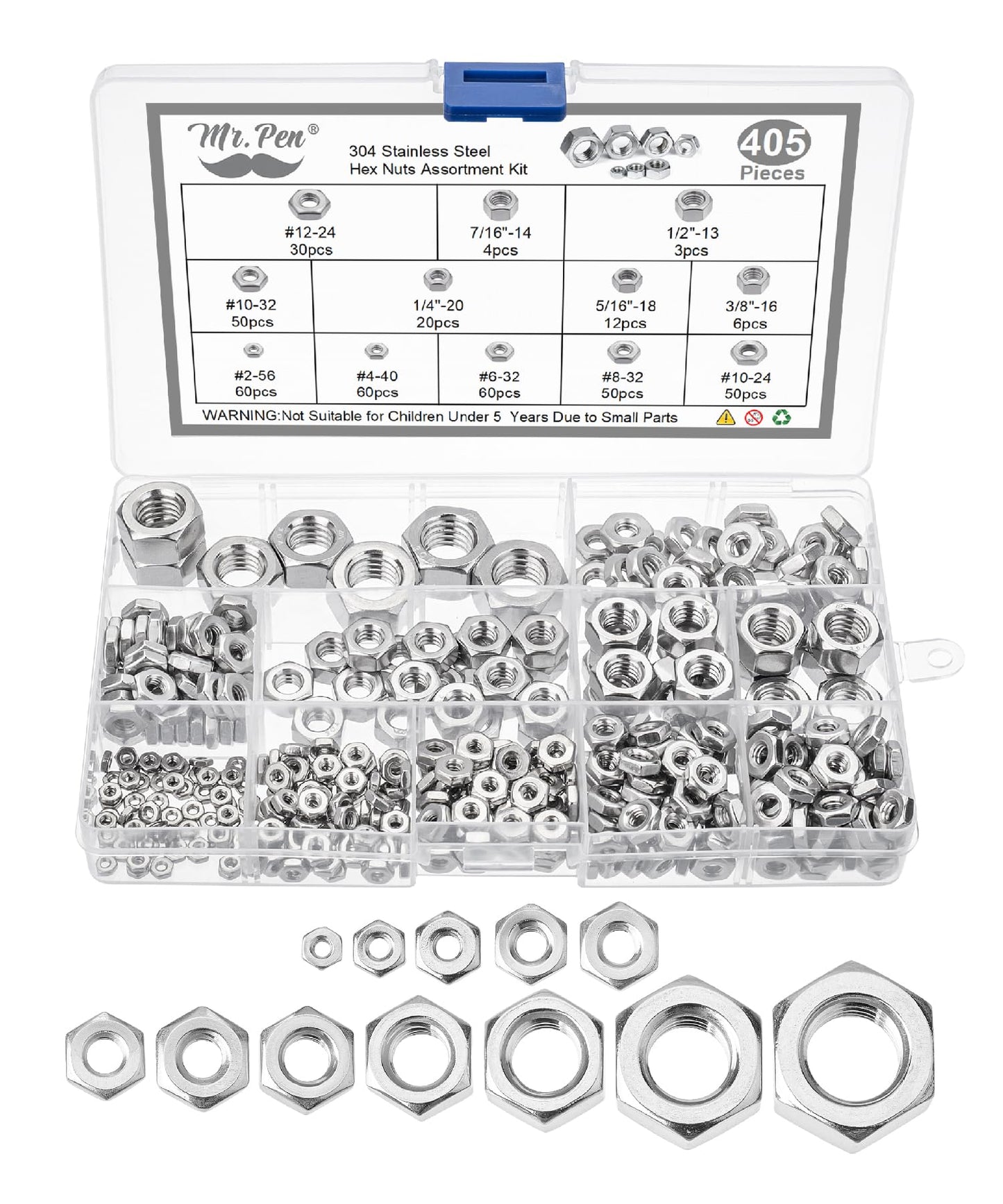 Mr. Pen 405 pc Stainless Steel Hex Nut Assortment, 1/4-20, 3/8, 5/16, 10-32, 5/16-18, 6-32