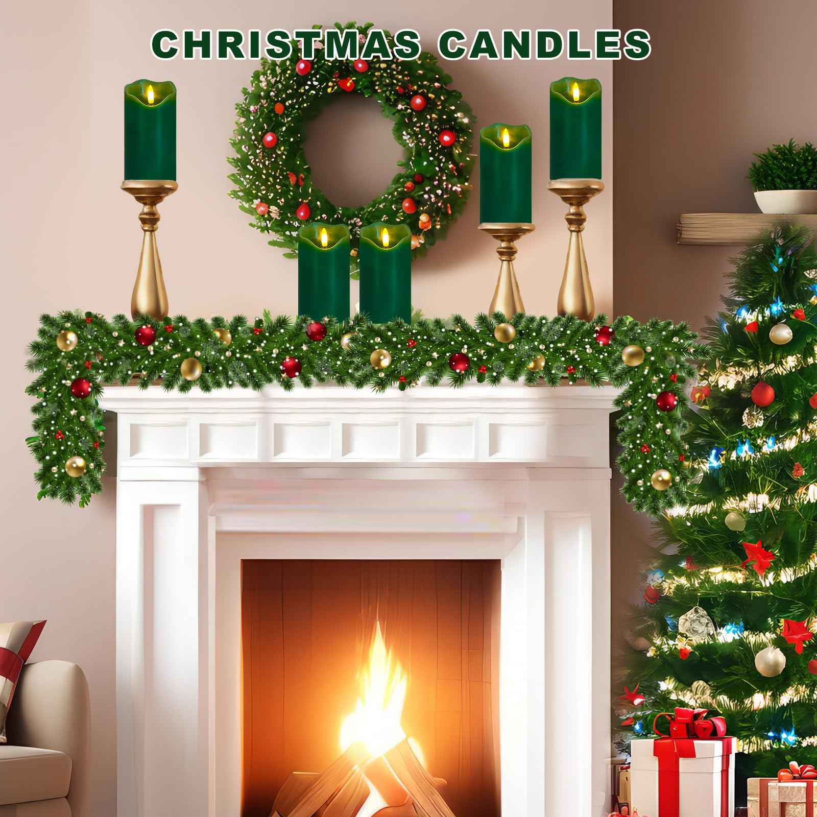 VEEKI Flameless Candles Light, Set of 2 6"x3" Flickering Christmas Flameless Candles with Remote & Timer, Dimmable Real Wax Pillar Candles Battery Operated, Green Candles for Home Xmas Decor (Green)