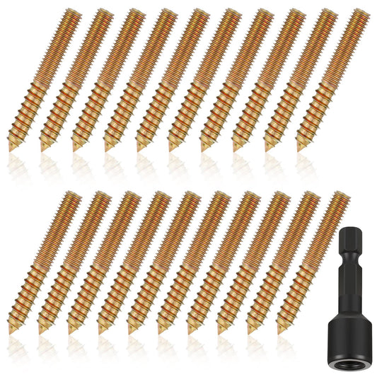 Hicarer 20 Pack 1/4-20 x 3 Inch Hanger Bolts Double Headed Bolts with Driver Self Tapping Screw Threaded Rod Screws for Furniture Double Headed for Wood Furniture Joint