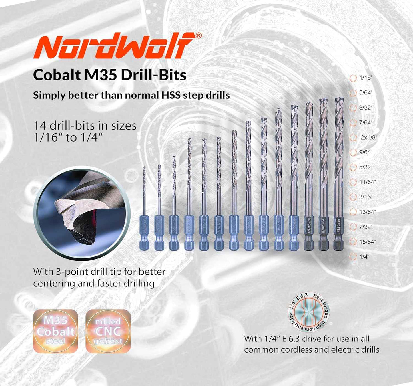 21-Piece Cobalt Drill Bit Set for Stainless Steel & Hard Metals - Jobber Length, 1/4" Hex Shank, SAE Sizes in Storage Case