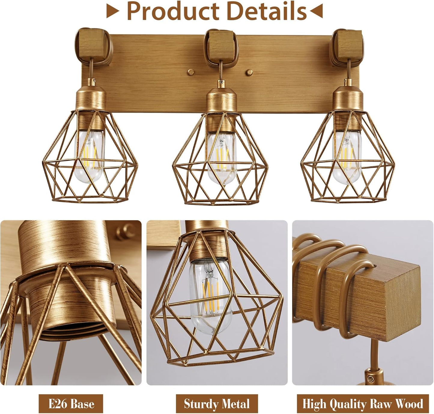 Farmhouse 3-Light Bathroom Vanity Light Fixture - Rustic White Wood Sconces for Mirror