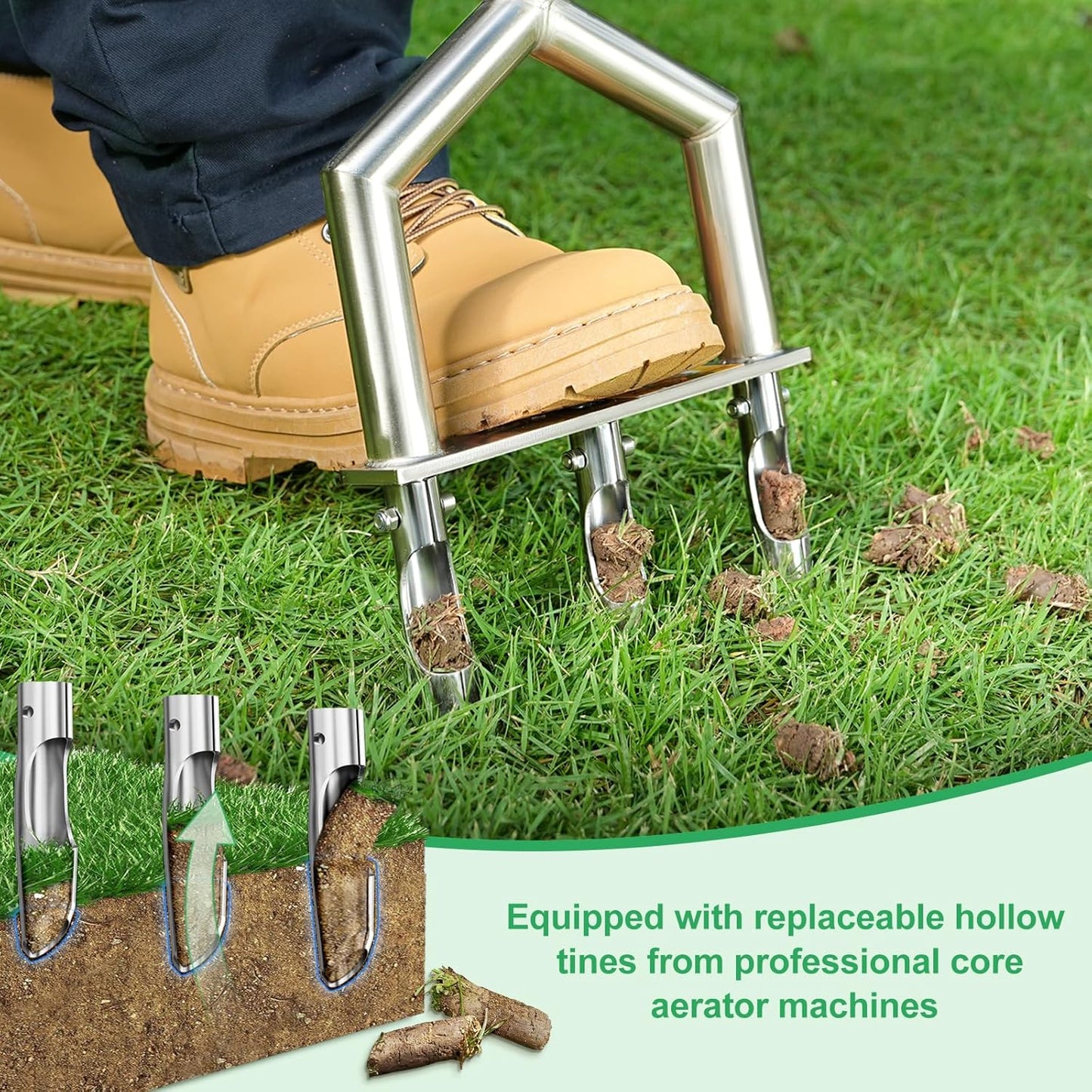 Core Aerator Lawn Tool - Manual Push Aerator with 3 Replaceable Tines for Healthy Grass