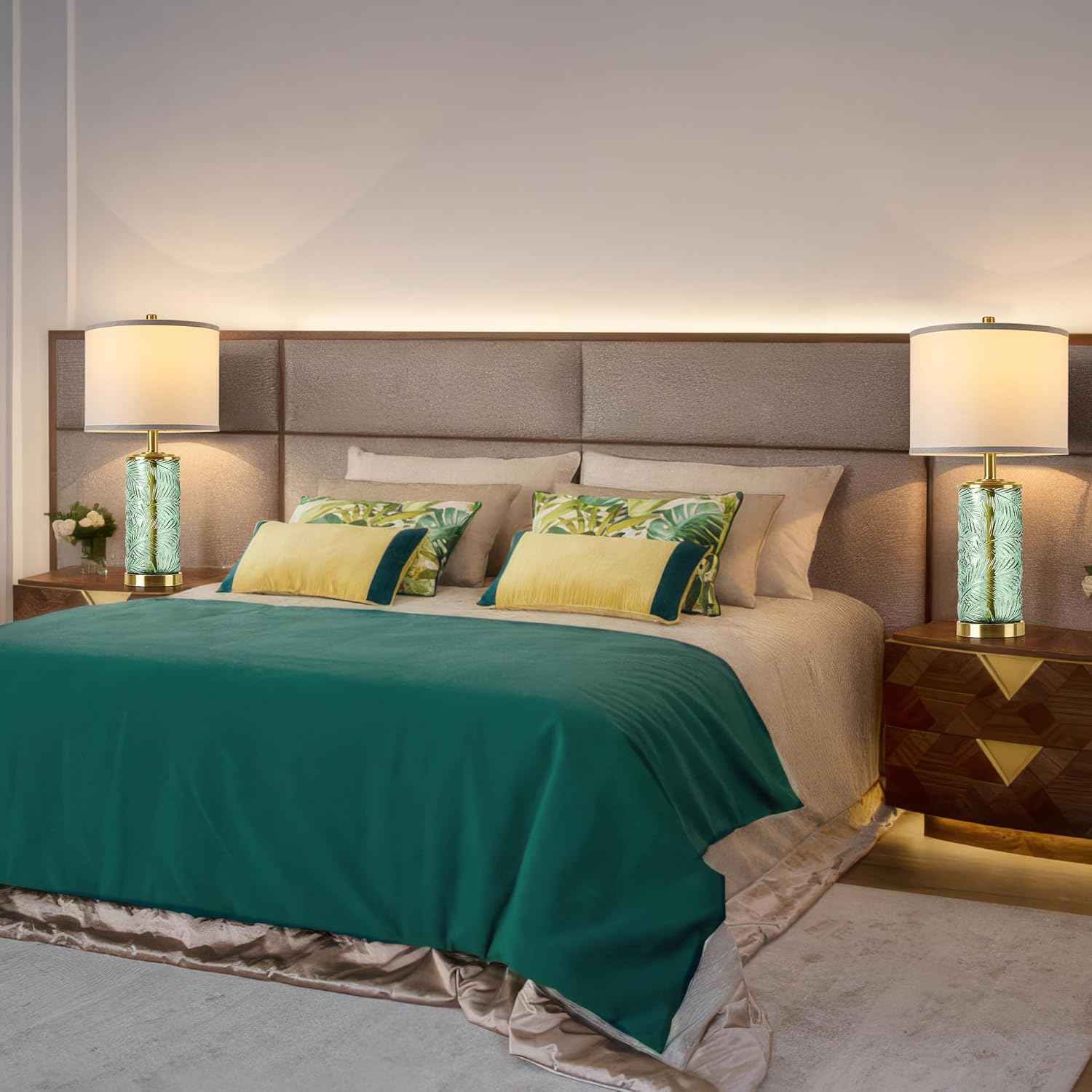 Modern Gold Glass Table Lamp Set of 2 with Palm Leaves Design - Stylish Bedside & Nightstand Lighting for Living Room & Bedroom (Bulbs Included)