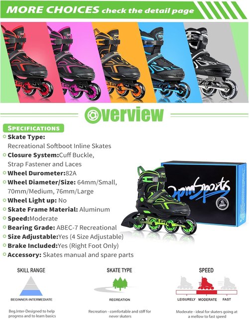 2PM SPORTS Torinx Green Adjustable Inline Skates - Fun Beginner Roller Skates for Kids & Adults