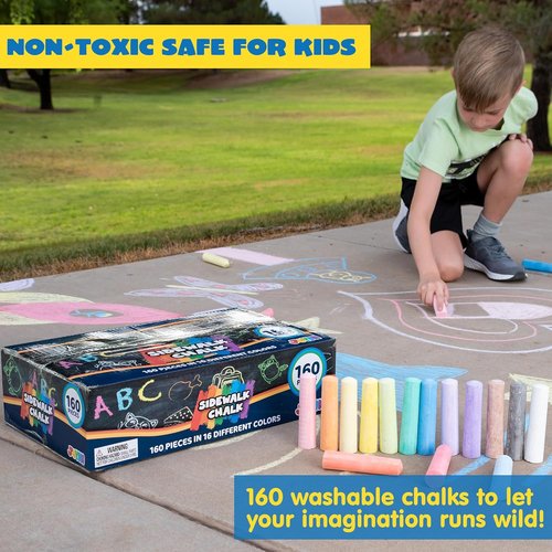 JOYIN 160 PCS Sidewalk Chalk Set | Non-Toxic Washable Jumbo Chalk in 16 Vibrant Colors for Outdoor Art