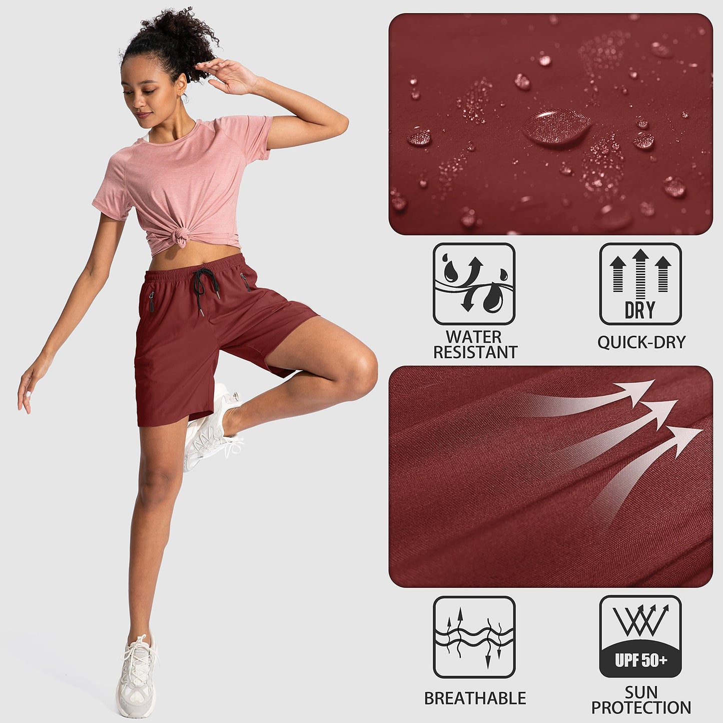 SANTINY Women's 5''/ 7''/9'' Hiking Cargo Shorts Quick Dry Lightweight Summer Shorts for Women Athletic Golf Zipper Pockets(Maroon_S)