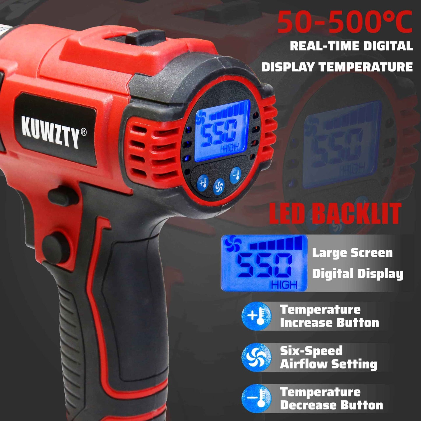 KUWZTY Cordless Heat Gun for Milwaukee M18 Battery,with LCD Digital Display, 2-Temp Setting Max 1022°F(550°C),Heat Gun for Shrink Wrapping, Tube Bending,Resin(Tool Only, NO Battery)