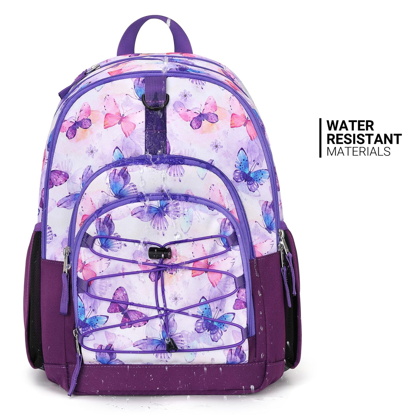 ZORFIN Backpack for School, Travel: Bookbag for Girls Boys - Kids Backpack with Multi Compartments - Butterfly Purple